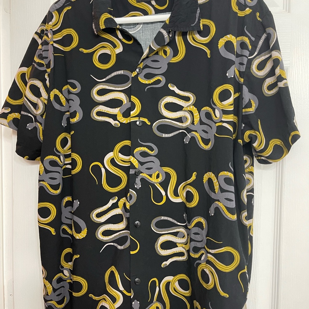 Straight To Hell men’s Snake Dance Bold Black and Yellow Button Down Shirt